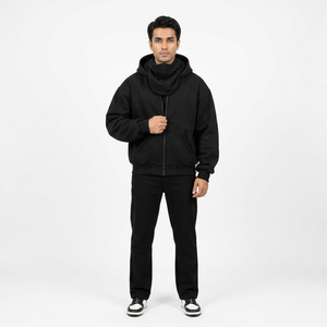 Custom 100% Cotton Balaclava and Ninja Hoodie for Men Heavyweight Double Hood with Zip & Drop Shoulder Men's Sweatshirts - Product Image 1