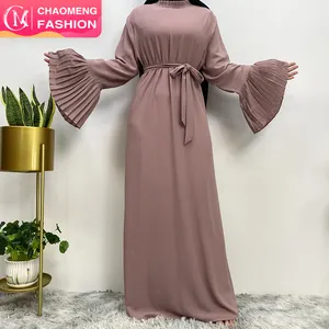 Vestido largo musulmán plisado con mangas plisadas, caftán Abaya, elegante, con cuello redondo, #6114
