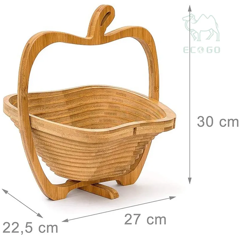 Modern Fruit Bowl Basket Folding Bamboo Fruit Bowl Cutting Board Wooden Fruit Bowl With An Apple-Design 30 x 27 x 22.5 Cm