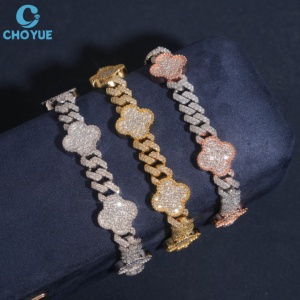 Wholesale 8MM Width <b>Iced</b> <b>Out</b> Party Jewelry Women's Moissanite Bracelet Flower Shape 18K Gold Plated <b>Chain</b> Link Luxury Jewelry - Product Image 1