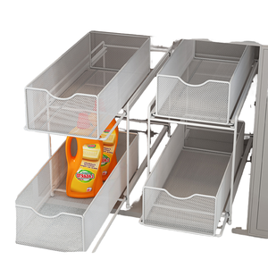 Organisateur de salle de bain moderne en métal à double niveau avec installation par crochets - Étagère coulissante <span class=keywords><strong>sous</strong></span> l'évier pour rangement - Product Image 1