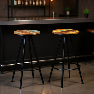 Tabourets de bar en bois massif et acier, multicolores, style industriel moderne, ensemble de 2 meubles de bar pour la maison - Product Image 2