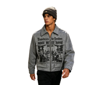 Veste en jean unisexe ample vintage personnalisée avec impression DTG Kornit, fermeture éclair et photo d'ensemble de rock, style streetwear