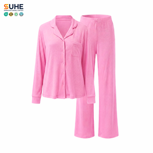Ensemble de pyjama d'hiver pour femme en modal côtelé ultra doux et respirant (92 %), avec taille élastique, manches longues, boutons, couleur unie, pour la détente - Product Image 1