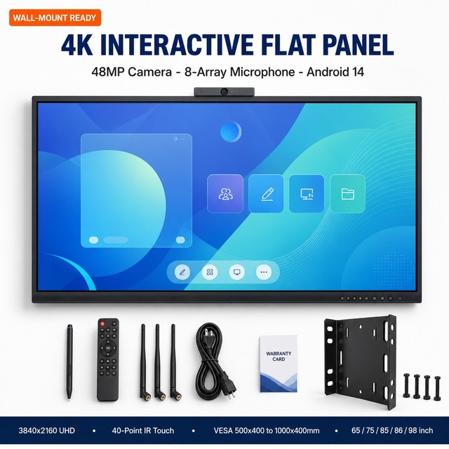 Interactive Flat Panel 65 75 86 98 Inch 4K Touch Screen Whiteboard Built-in Camera Smart Board Android Windows OPS Dual System