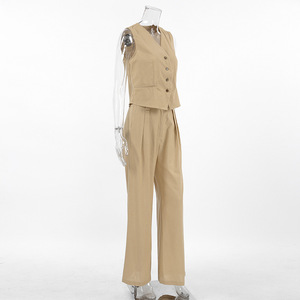 Conjunto de Dos Piezas de Verano para Mujer, Chaleco de Lino y Algodón de Color Sólido con Cuello en V, Conjuntos de Moda - Product Image 3