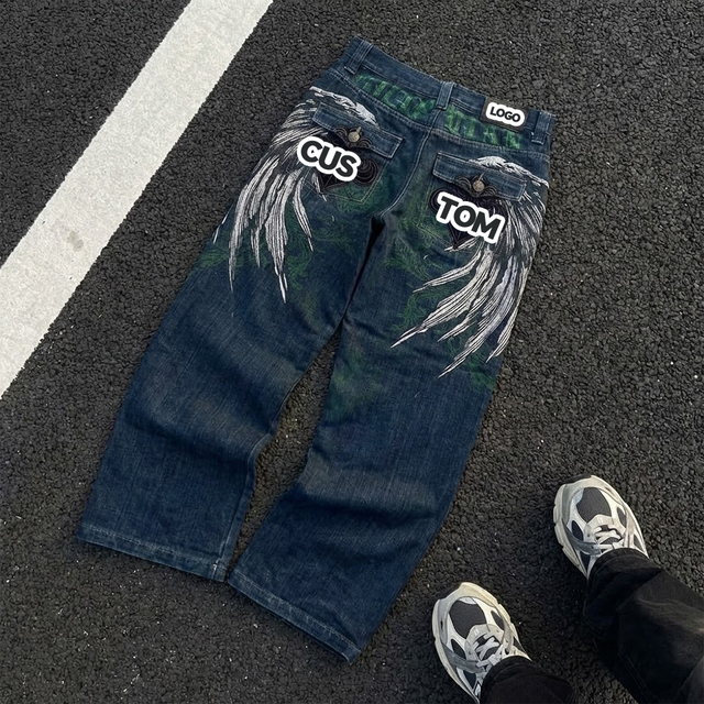 Custom Pants American Street Style Vintage Washed Distressed Jeans Digital Direct Printing wings Graphic Print Loose Denim Jeans