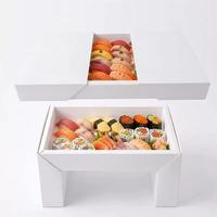 Boîte à emporter personnalisée en carton blanc avec couvercle convertible pour sushis, fritures, pâtisseries, desserts et sauces variées