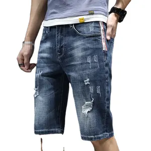 Ripped denim shorts men's breeches fashion brand ins seven points medium pants trend half cut 5 points short summer thin