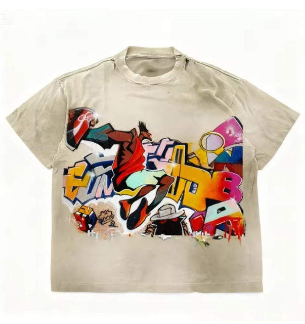 Men's Vintage Punk Graphic Print Casual Yarn Dyed 100% Cotton Heavy Weight Oversized Retro Rock Style Full Sleeve Streetwear