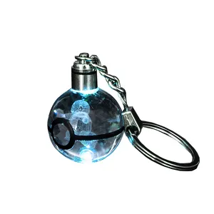 Pujiang wholesale Lovely LED Crystal poke mon Ball keychain custom 3D laser engraving crystal glass keychain