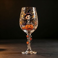 Ensemble de 6 verres à vin sur pied peints à la main, thème Halloween, style 2026, artisanat décoratif en verre, motif dessin animé