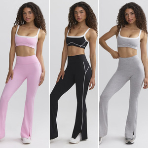 Completo Sportivo Traspirante Solido ad Alta Elasticità con Top a Contrasto e Pantaloni a Tromba Modellanti per Yoga e Fitness - Product Image 2