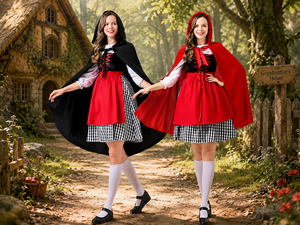 Costume de cosplay Rouge Capuche pour femme, robe à carreaux noire et rouge avec <span class=keywords><strong>cape</strong></span> à capuche, tenue de fête d'Halloween et de carnaval - Product Image 1