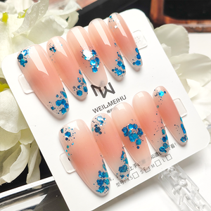 Venta al por Mayor de 10 <span class=keywords><strong>Uñas</strong></span> Acrílicas Largas con Forma de Almendra, Color <span class=keywords><strong>Rosa</strong></span> Nude Brillante con Puntas Plateadas <span class=keywords><strong>y</strong></span> Azules, <span class=keywords><strong>Uñas</strong></span> Postizas Reutilizables - Product Image 6