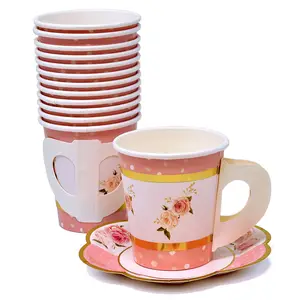 Nicro 24pcs Birthday Gold Foil Pink Table Supplies Disposable Tea Party Cups with Handles Paper Floral Shaped Plate Teacup Set