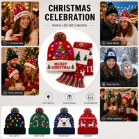 Set Topi dan Syal Natal LED Custom OEM, Rajutan Lembut dengan Pom Pom, Syal Senada, Kostum Pesta Natal Musim Dingin, Set Hadiah