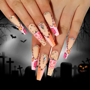 Halloween abóbora luxuosa unha falsa curta quadrada redonda longa amêndoa caixão unhas falsas encaixotadas com cola para unhas