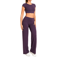 Ensemble de sport 2 pièces pour femme : Crop top à manches courtes et dos ouvert, pantalon taille haute à jambes larges, effet push-up fessier et contrôle du ventre, pour le yoga, vente en gros