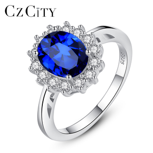 CZCITY Anelli di Fidanzamento da Donna di Lusso con Zircone Blu e Pietra Sintetica Ispirati alla Principessa Diana in Argento Massiccio Sterling 925 - Product Image 1