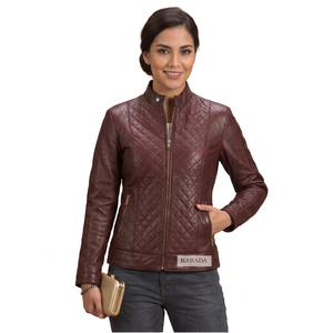 Quilted Leather <b>Jacket</b> Maroon Biker Outerwear Diamond Stitched Stand Collar Zip Coat Women Quilted Leather <b>Jackets</b> - Product Image 5