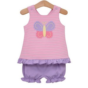 GSSO3138 Custom Wholesale Little <b>Girl</b> Pink stripe butterfly Print Fall Outfits Casual Sleeveless Child Clothing Set Worsted - Product Image 1