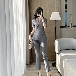 Women's Short Sleeve Blazer Suit Set Polyester Worsted Breathable Professional Workwear Pants Suits Summer 2025 - Product Image 1