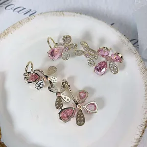 Wholesale Gold Rhinestones Butterfly Zircon Dangle Earring Pink Crystal CZ Drop Earrings For Woman