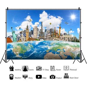 7x5ft Global Travel World Map Terre Photo Fond Autour du Monde Décorations de Fête avec des Monuments Célèbres New York Paris - Product Image 3