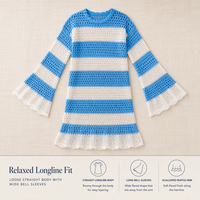 Robe midi en maille ouverte rayée pour femme, personnalisée OEM, à manches longues, ajourée au crochet, coupe ample, ourlet à volants, idéale comme cache-maillot de plage
