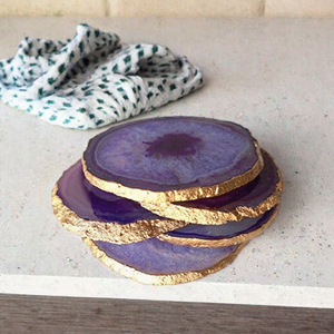 Natural Amethyst Crystal Slice <b>Coaster</b> Set Irregular Amethyst Gemstone <b>Drink</b> <b>Coasters</b> with Gold Edge Polished Purple Crystal. - Product Image 3