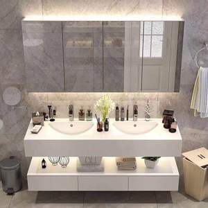 Mármol lavar doble lavabo cuarto de <span class=keywords><strong>baño</strong></span> vanidad de piedra Artificial de gabinete de espejo con luces Función de gabinete de madera - Product Image 2