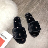 Pantoufles plates pour femmes à bout ouvert, brodées de fleurs, en peluche, à semelle souple antidérapante et respirante, pour la maison, vente en gros