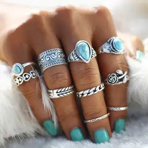 10PCS Retro Metal Stacked Turquoise Joint Ring Women Girls Party Jewelry Totem Flower Pattern Antique Silver Knuckle Rings Sets