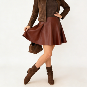 Jupes Courtes Évasées Casual Quotidiennes pour Femmes, Mode Élégante, Caramel Brun, <span class=keywords><strong>Simili</strong></span> <span class=keywords><strong>Cuir</strong></span>, Taille Haute, Coupe A-ligne - Product Image 3