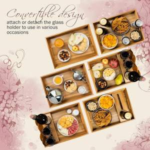 Plateau <span class=keywords><strong>de</strong></span> service <span class=keywords><strong>en</strong></span> bois d'acacia avec poignées, sous-verres, porte-<span class=keywords><strong>verre</strong></span> amovible Grand vin décoratif <span class=keywords><strong>pour</strong></span> le petit-déjeuner au lit ou sur la <span class=keywords><strong>table</strong></span> basse - Product Image 2