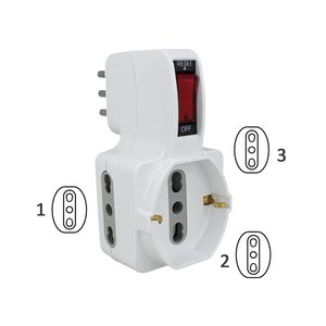 Adattatore triplo con interruttore 10A spina 2x10/16A prese a due vie + 1x250V presa Schuko SKU-8743 bianca-materiali elettrici - Product Image 5