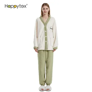OEM Cute Home Lounge Wear Cozy Soft Thick Coral Fleece 2 PCS Winter Pajama Ser For Women Set For Couple With 2 Pockets