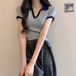 T-shirt d'été en tricot à manches courtes pour <span class=keywords><strong>femme</strong></span>, col en V, vente en gros d'usine, pour filles - Product Image 3