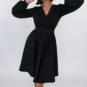 Vestido de Mujer al por Mayor, Personalizado, OEM, de Alta Calidad, Elegante, para Fiesta, Negro, Sexy, de Manga Larga, con Cuello en V y Cinturón - Product Image 2