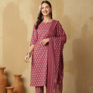 Motivos étnicos malva estampados Algodón puro muesca-Cuello Kurta con pantalones y Dupatta con pantalón producto a granel personalizado mujeres - Product Image 1