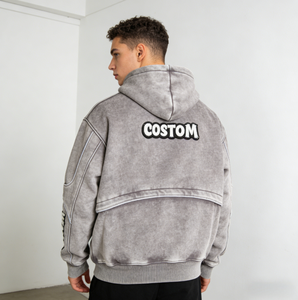 Sudadera extragrande vintage de invierno personalizada, gruesa, desgastada, con cremallera corta, parche bordado, unisex, con efecto ácido - Product Image 1