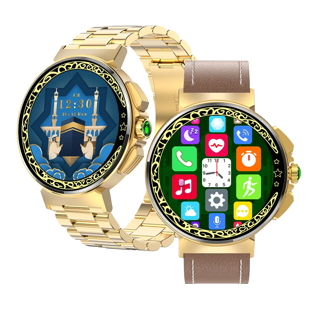 Round Watch BT Quran Muslim Automatic Prayer QIBLA Finder Location Counter Reminder Heart Blood Monitoring Smart watch