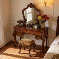 Grande coiffeuse en bois sculpté de style provincial français de 51 pouces avec tabouret et miroir, table de toilette traditionnelle en bois massif pour chambre à coucher