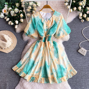 Vestido <span class=keywords><strong>de</strong></span> verano vintage francés <span class=keywords><strong>de</strong></span> gasa estampada con mangas farol para mujer, holgado, con cintura ajustada y volantes que estilizan la figura - Product Image 4