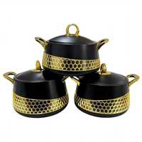 Set Casserole Terisolasi 3 Buah Tahan Lama Royal Crown Handle Gold Honeycomb 2L 2.5L 3L untuk Memasak Sehari-hari Keluarga Afrika dan Piknik