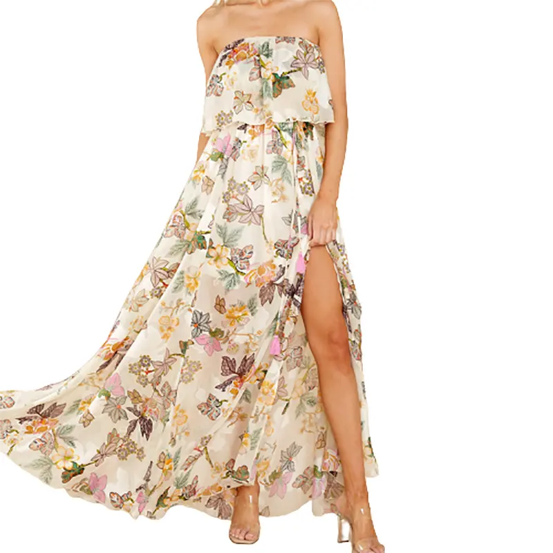 2022 Spring Floral Printed Strapless Maxi Dresses Summer Beach Dress Sexy Chiffon Tube Dress High Slit Tiered Party Clothing