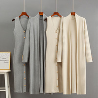 Robe midi élégante Joydressing en tricot côtelé beige pour femme, sans manches, col en V, boutonnée, robes en tricot, vente en gros, sur mesure