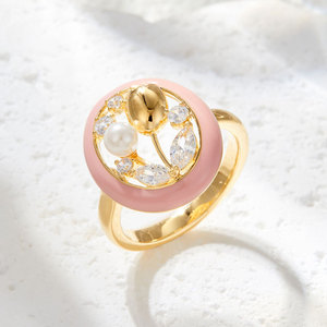 Tulip Shaped Pink <b>Open</b> <b>Ring</b> With Pearl And Crystal Inlay Adjustable For Women Party Jewelry - Product Image 1