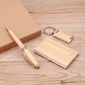 Graduation Gifts Custom Logo Corporate Wooden Bamboo Items Card Holder Pen Key Chain Promotion Business Gift Set - Product Image 1